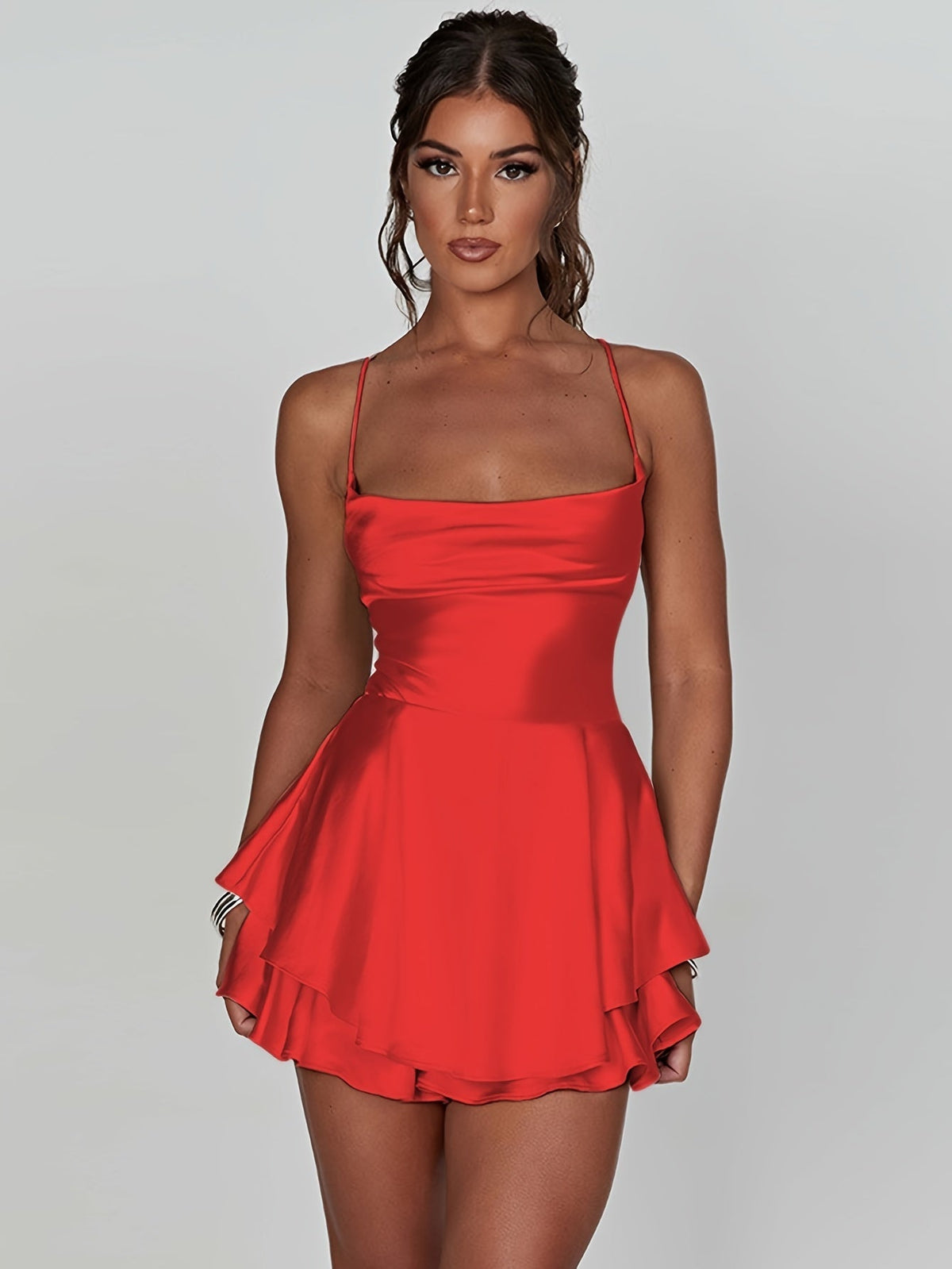 Women's Satin Mini Dress with Ruffled Skirt | Cowl Neckline, Thin Straps, Fitted Bodice | Sizes XS to XL, 10 Colors