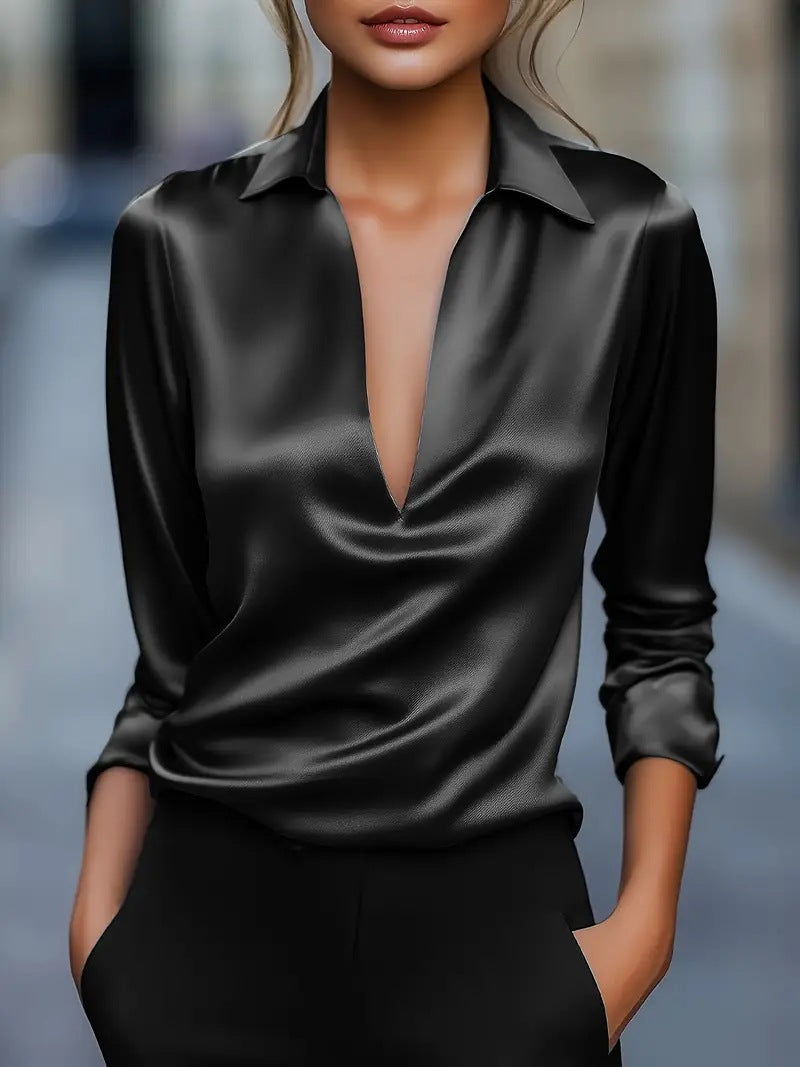 Women's Satin-Look V Neck Blouse with Draped Front | Long Sleeves, Lightly Fitted Cut | Sizes S to 2XL, 6 Colors