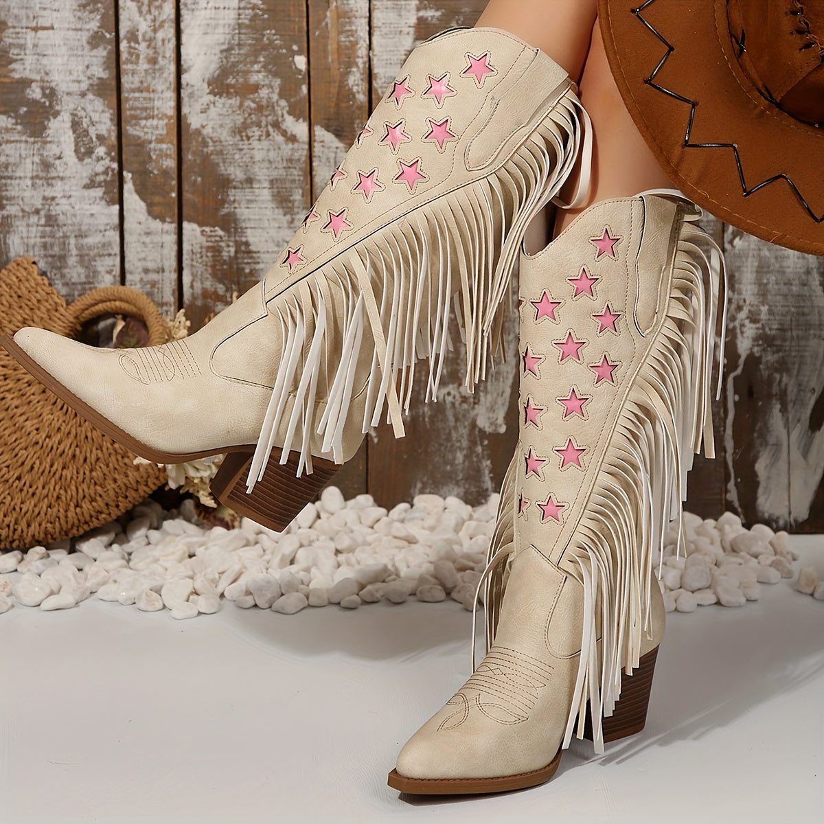 Women's Fringe Western Boots, Knee High | Wide Calf Shaft with Star Embroidery, Square Heel | Size 5.5-10.5, Beige