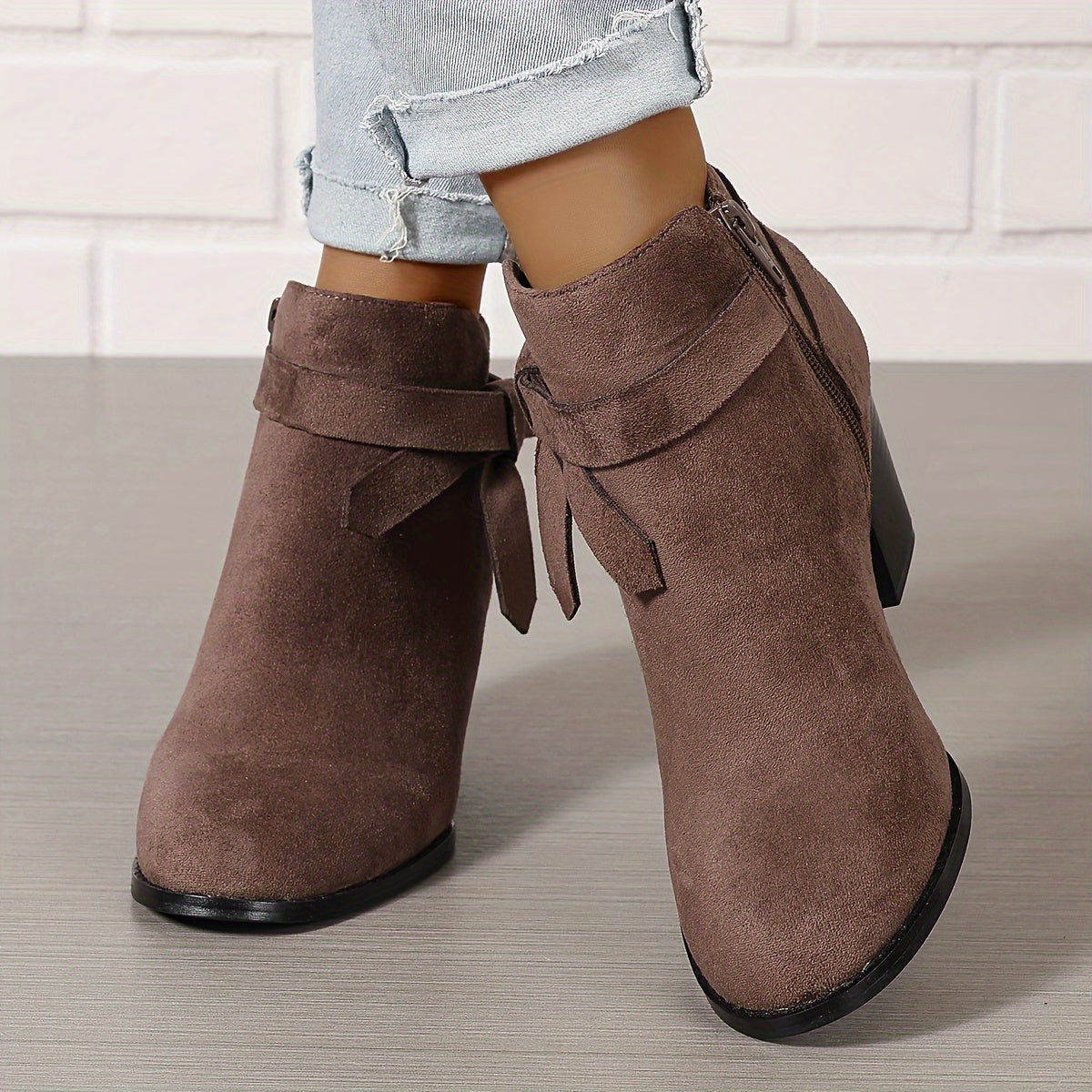 Women's Ankle Boots with Block Heel and Bow Back | Faux Suede Booties with Side Zip | Size 5-9.5, 7 Colors