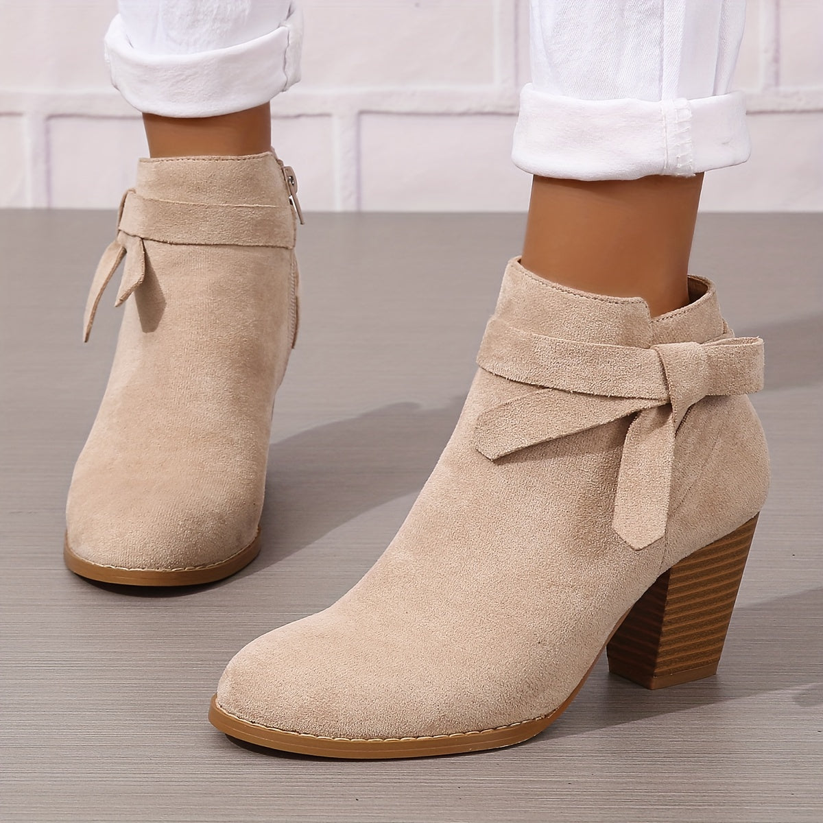 Women's Ankle Boots with Block Heel and Bow Back | Faux Suede Booties with Side Zip | Size 5-9.5, 7 Colors
