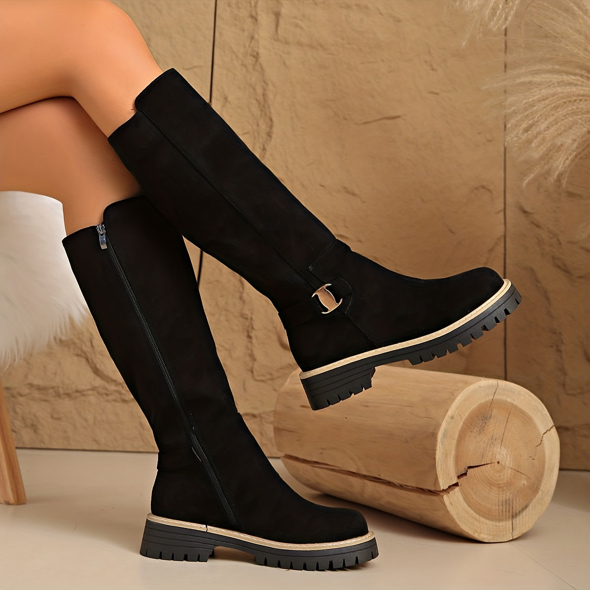 Women's Faux Suede Knee High Boots | Low Block Heel, Lug Sole and Side Zip for Cold Days | Size 5.5-10.5, 3 Colors
