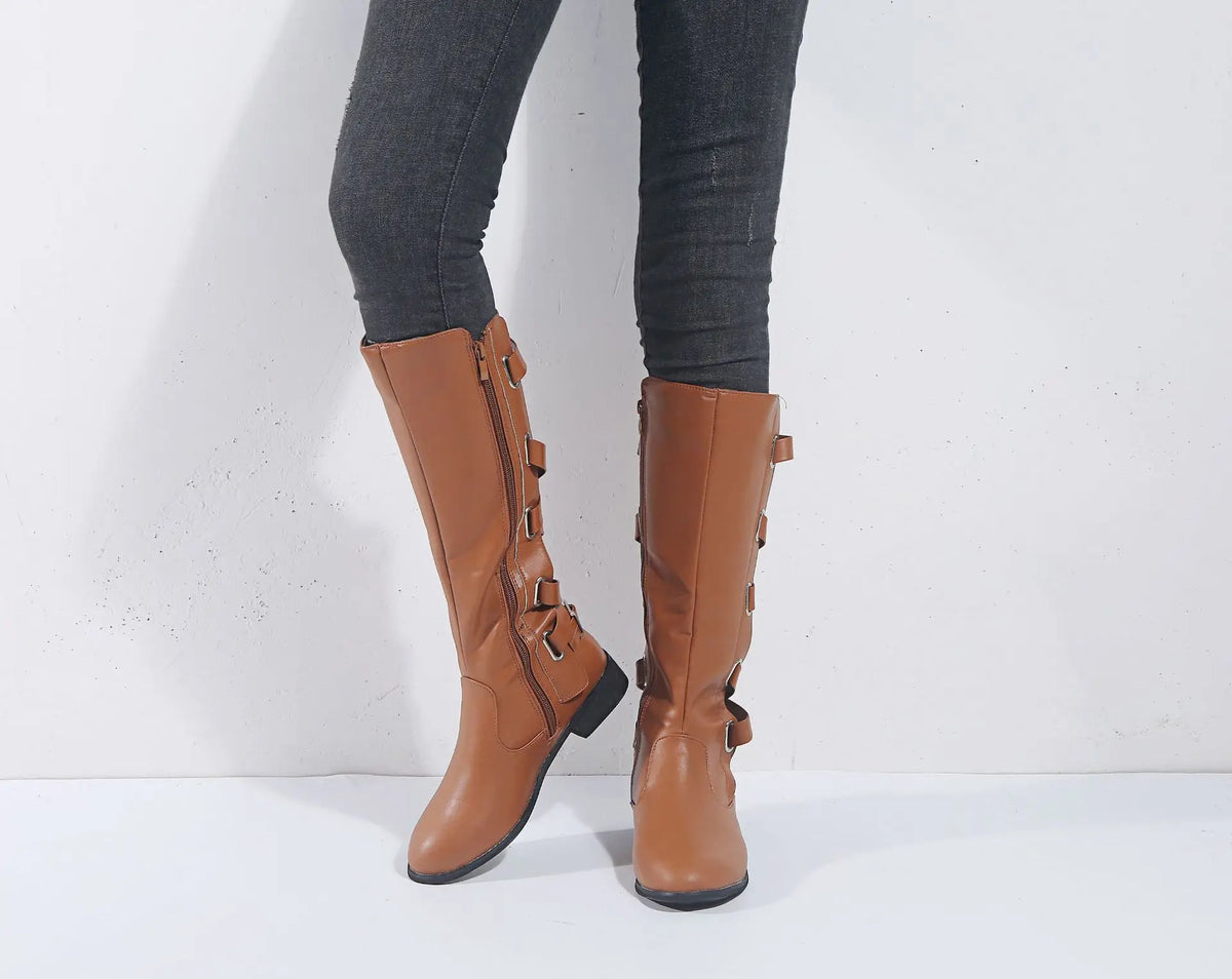 Women's Knee High Boots with Back Buckles | Low Block Heel and Side Zip for Cold Days | Size 5.5-10.5, 5 Colors