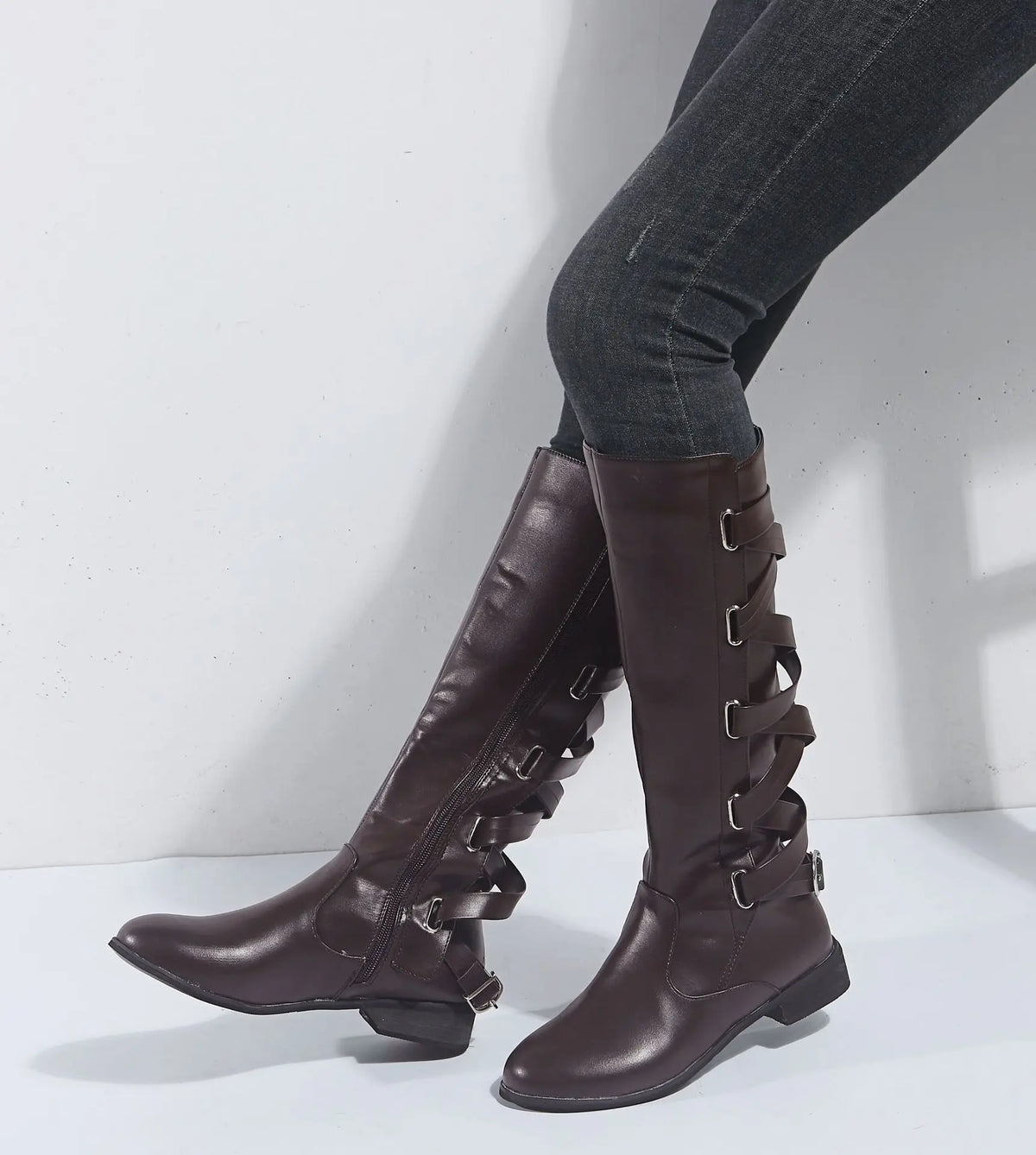 Women's Knee High Boots with Back Buckles | Low Block Heel and Side Zip for Cold Days | Size 5.5-10.5, 5 Colors