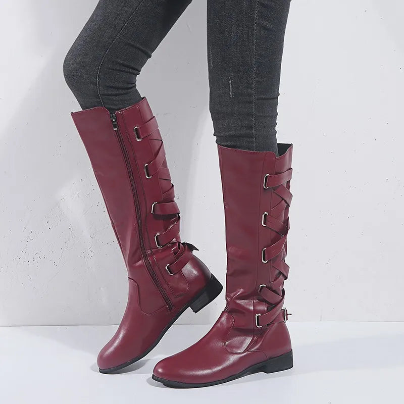Women's Knee High Boots with Back Buckles | Low Block Heel and Side Zip for Cold Days | Size 5.5-10.5, 5 Colors