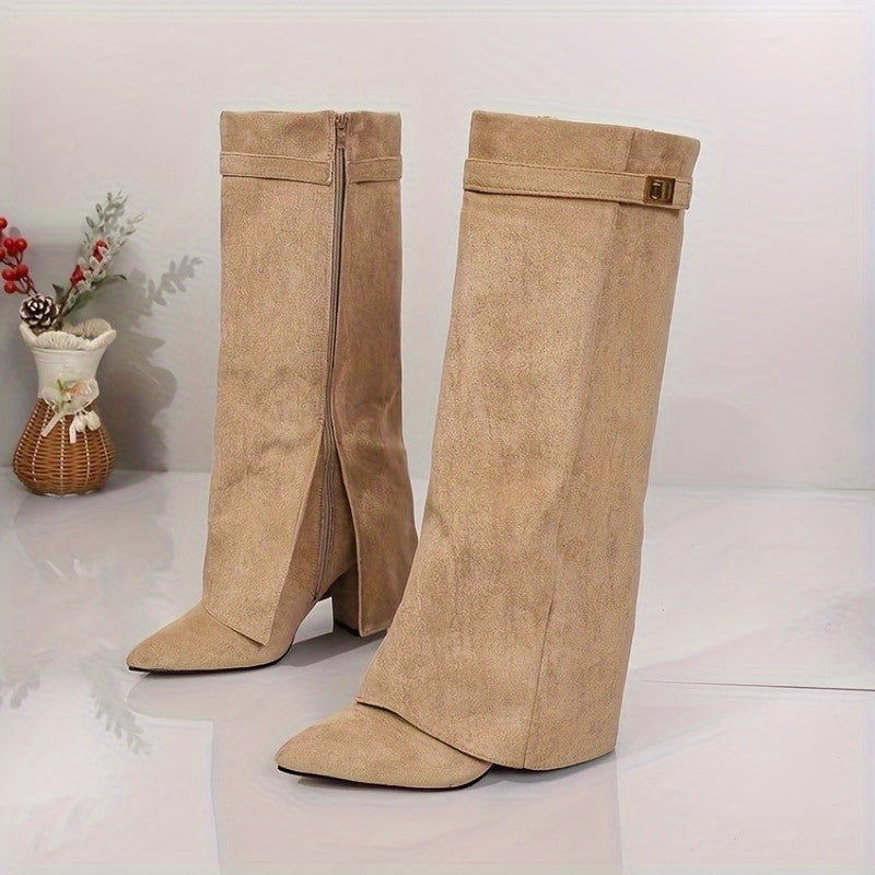 Women's Knee-High Suede-Look Boots | Block Heel, Pointed Toe, Gold Buckle Cuff Detail | US 5.5-12 | Apricot