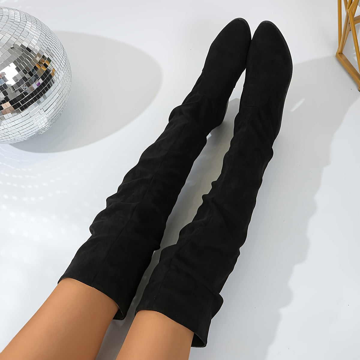 Women's Faux Suede Knee High Boots with Pointed Toe | Slouchy Shaft, Low Block Heel | Size 5.5-10.5, 3 Colors