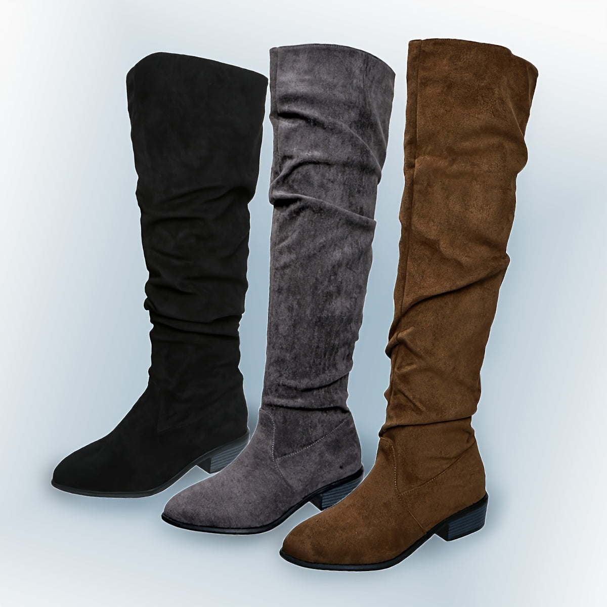 Women's Faux Suede Knee High Boots with Pointed Toe | Slouchy Shaft, Low Block Heel | Size 5.5-10.5, 3 Colors