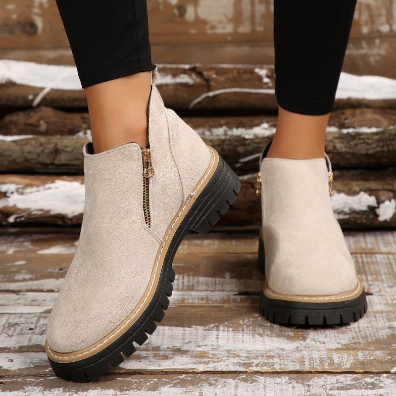Women's Faux Suede Ankle Boots with Gold Side Zip | Chunky Lug Sole Platform, Round Toe | Size 5.5-10.5