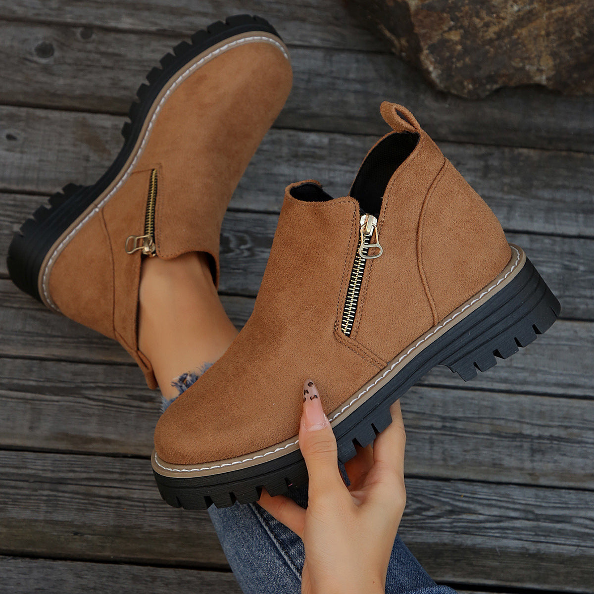 Women's Faux Suede Ankle Boots with Gold Side Zip | Chunky Lug Sole Platform, Round Toe | Size 5.5-10.5