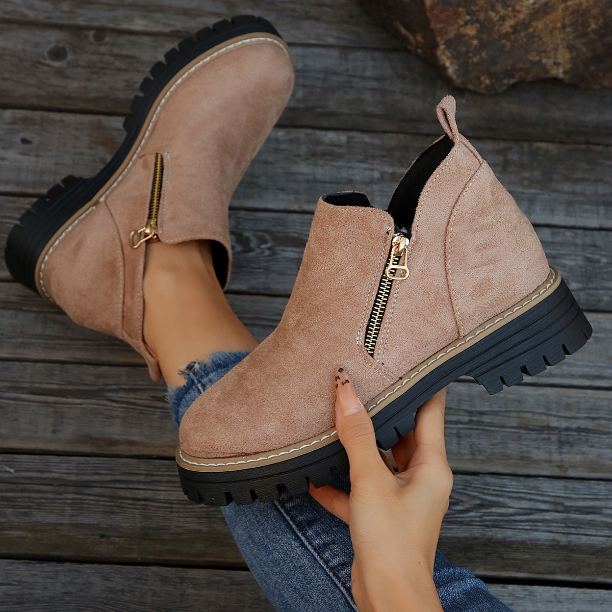 Women's Faux Suede Ankle Boots with Gold Side Zip | Chunky Lug Sole Platform, Round Toe | Size 5.5-10.5