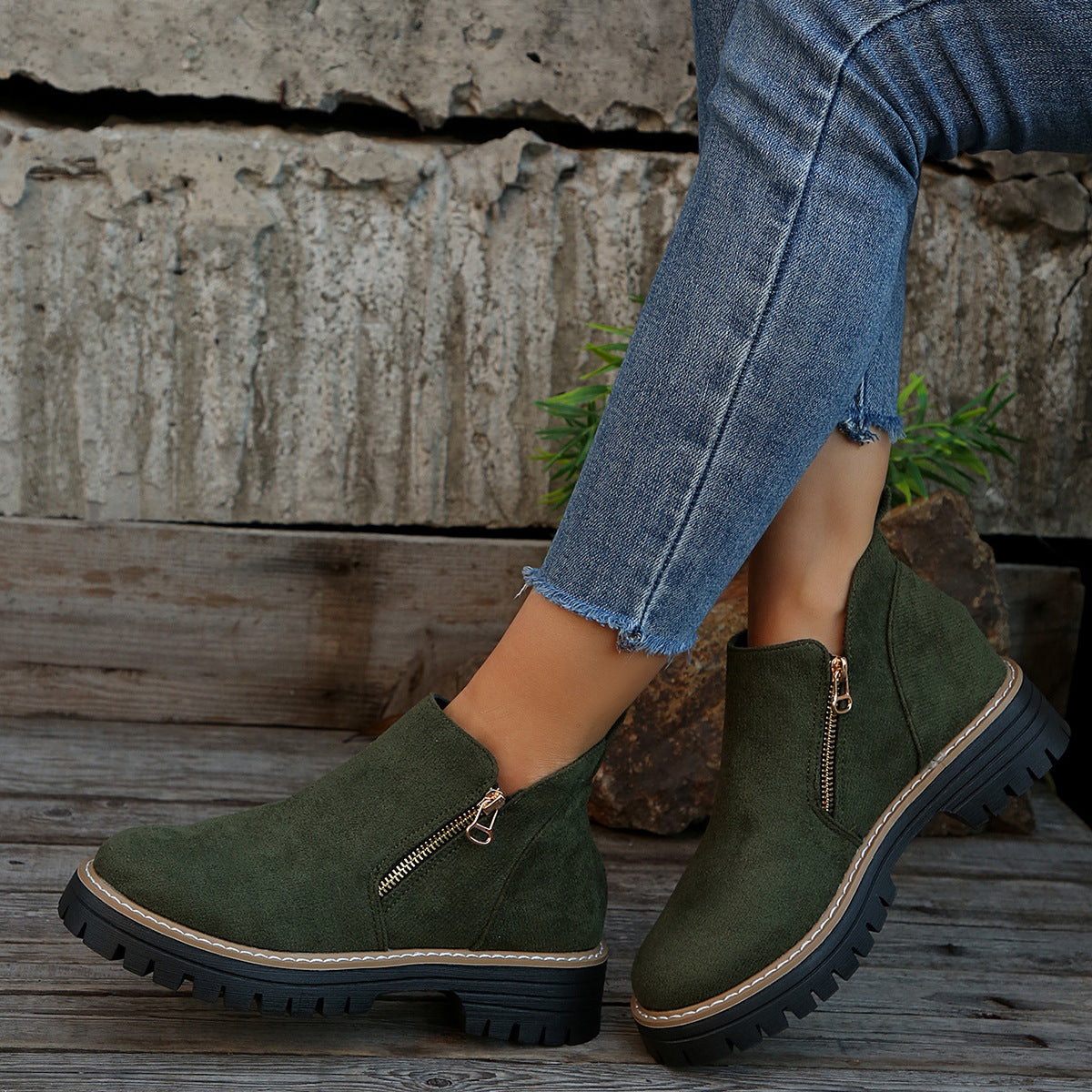 Women's Faux Suede Ankle Boots with Gold Side Zip | Chunky Lug Sole Platform, Round Toe | Size 5.5-10.5