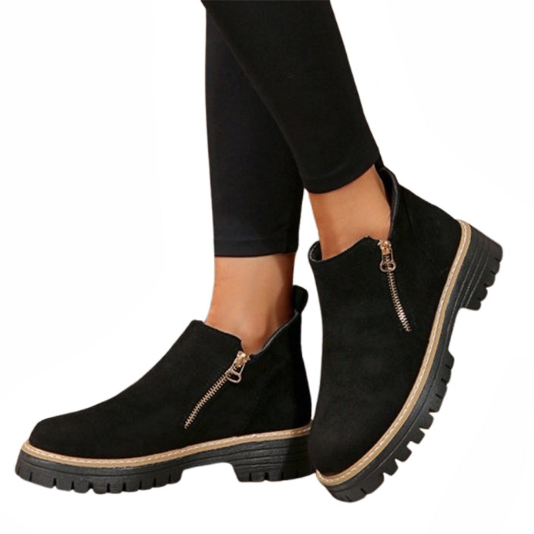 Women's Faux Suede Ankle Boots with Gold Side Zip | Chunky Lug Sole Platform, Round Toe | Size 5.5-10.5