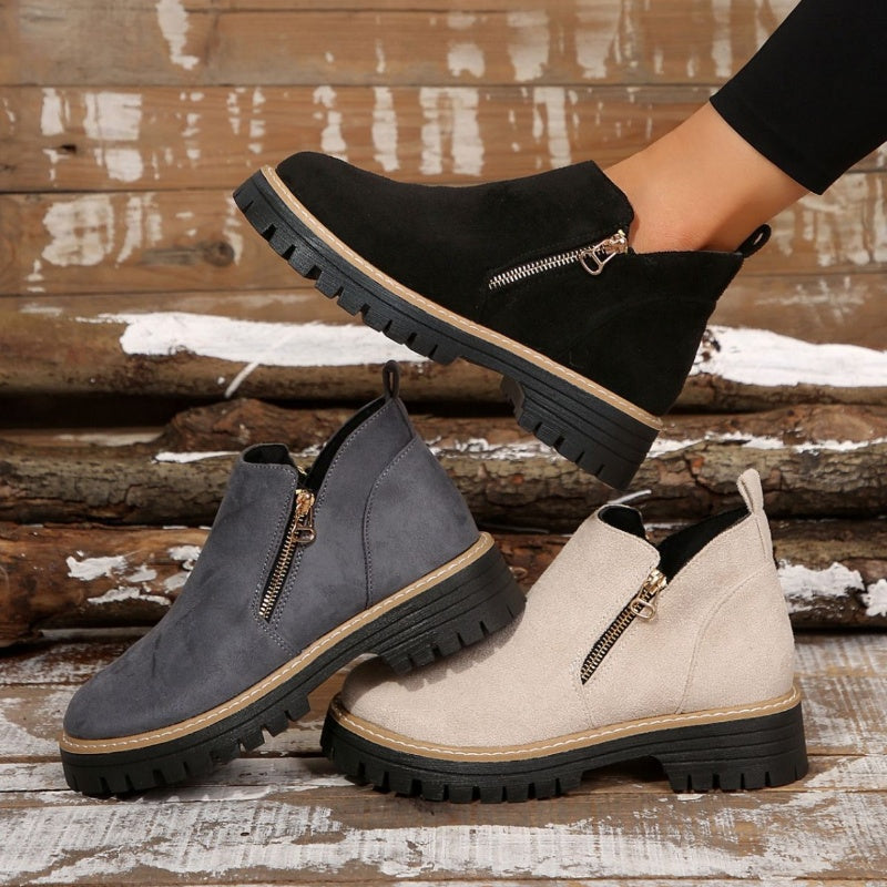 Women's Faux Suede Ankle Boots with Gold Side Zip | Chunky Lug Sole Platform, Round Toe | Size 5.5-10.5