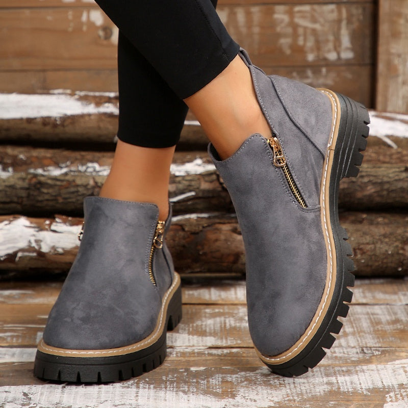 Women's Faux Suede Ankle Boots with Gold Side Zip | Chunky Lug Sole Platform, Round Toe | Size 5.5-10.5