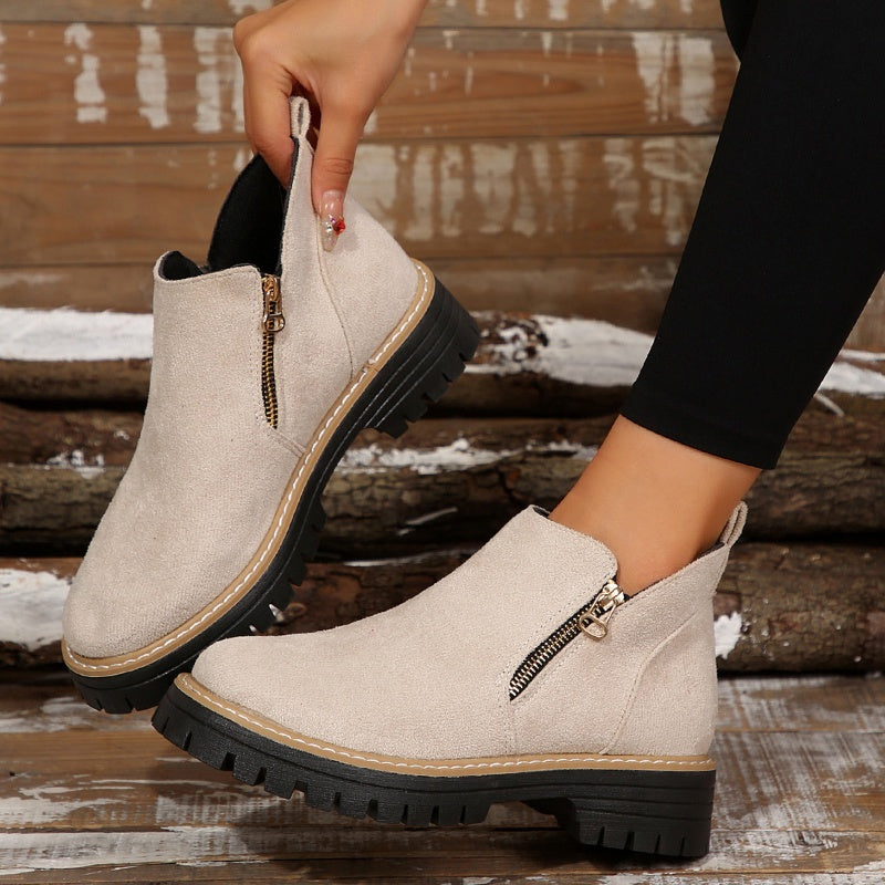Women's Faux Suede Ankle Boots with Gold Side Zip | Chunky Lug Sole Platform, Round Toe | Size 5.5-10.5