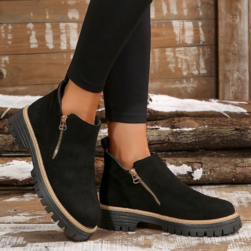 Women's Faux Suede Ankle Boots with Gold Side Zip | Chunky Lug Sole Platform, Round Toe | Size 5.5-10.5