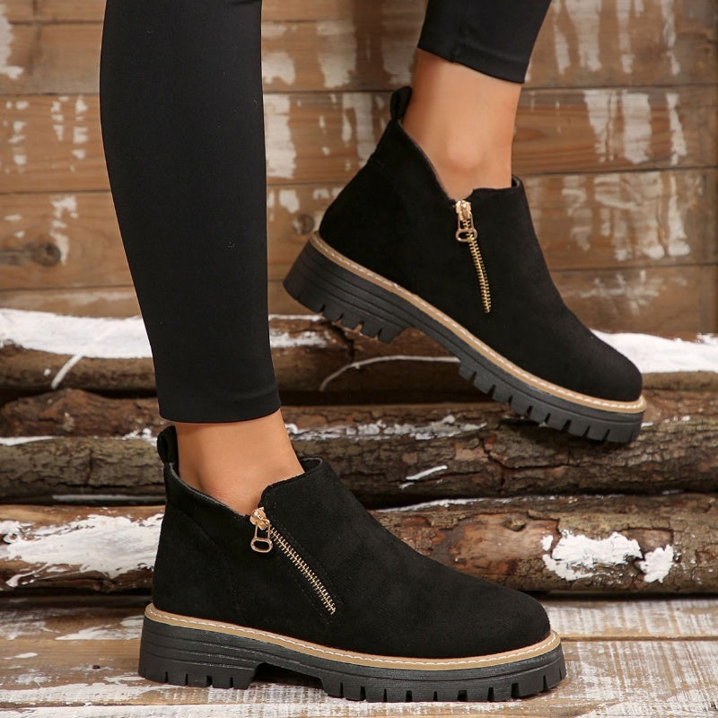 Women's Faux Suede Ankle Boots with Gold Side Zip | Chunky Lug Sole Platform, Round Toe | Size 5.5-10.5