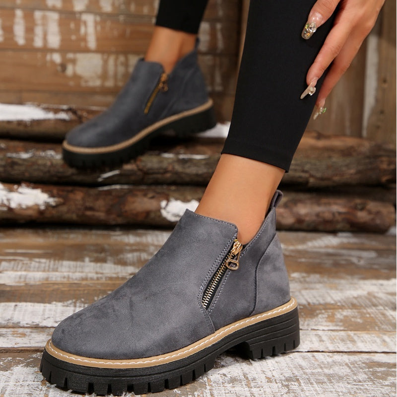 Women's Faux Suede Ankle Boots with Gold Side Zip | Chunky Lug Sole Platform, Round Toe | Size 5.5-10.5