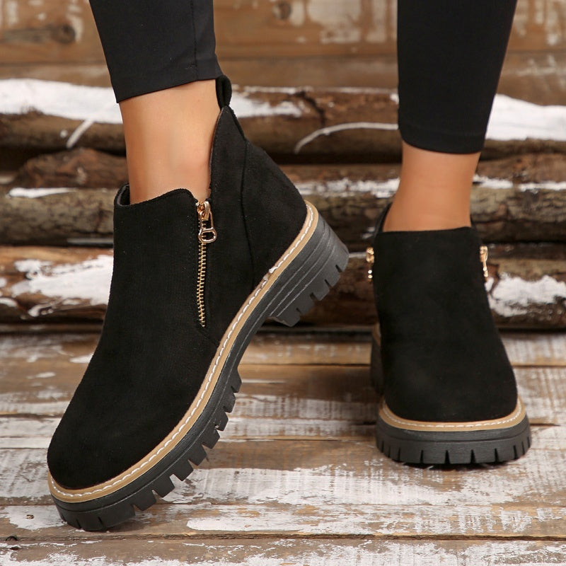 Women's Faux Suede Ankle Boots with Gold Side Zip | Chunky Lug Sole Platform, Round Toe | Size 5.5-10.5