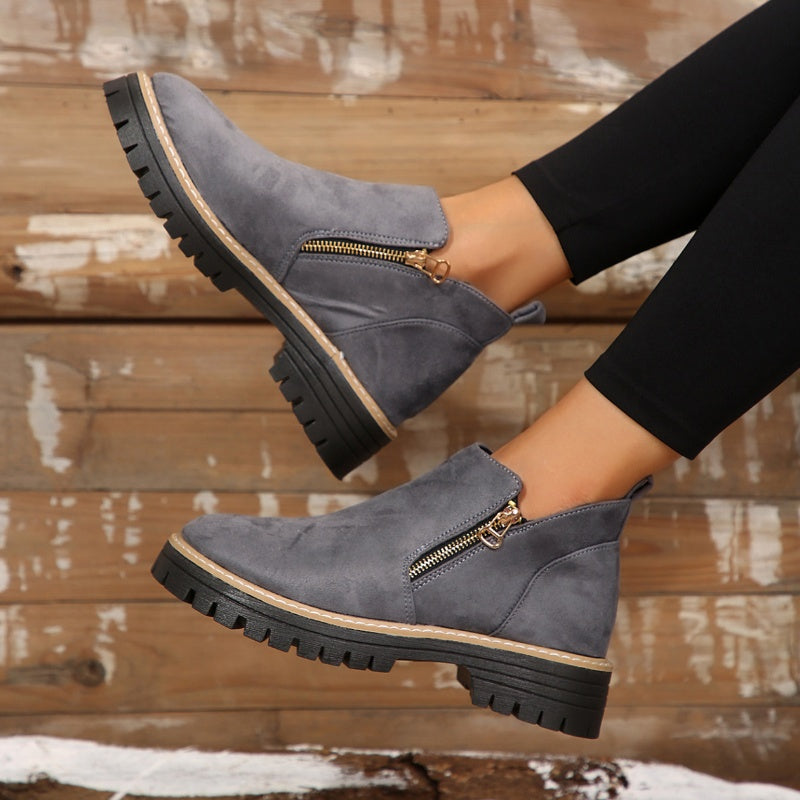 Women's Faux Suede Ankle Boots with Gold Side Zip | Chunky Lug Sole Platform, Round Toe | Size 5.5-10.5