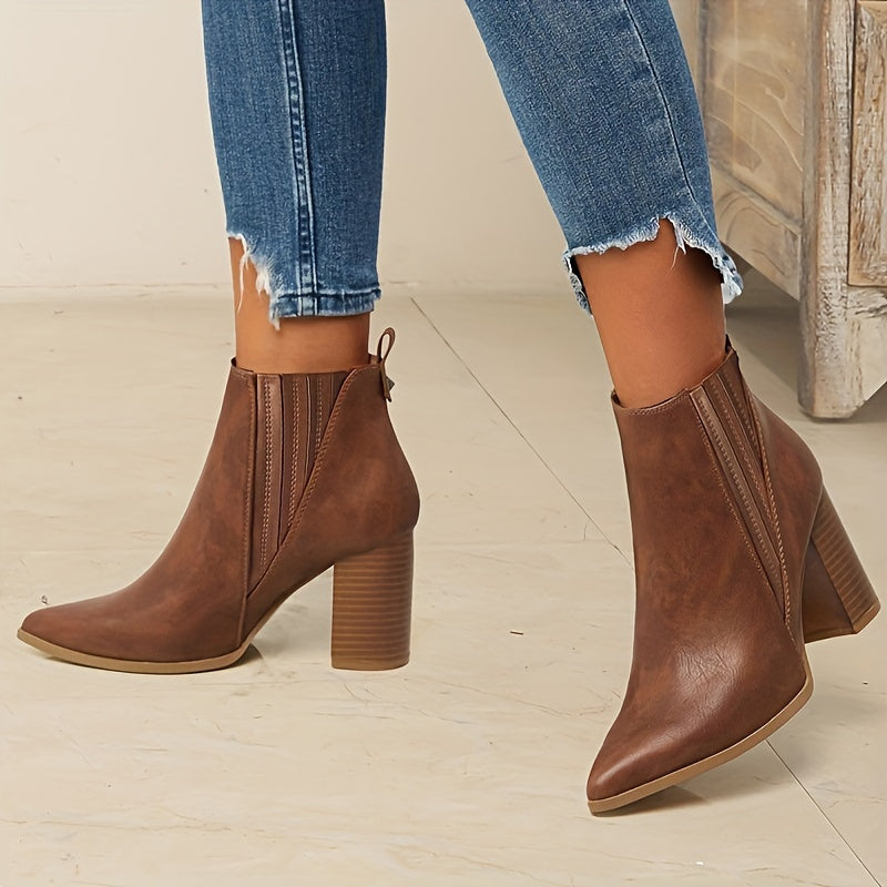 Women's Pointed Toe Ankle Boots | Wide Square Heel Booties with Stretch Back Panel | Size 5.5-10.5, Black or Brown