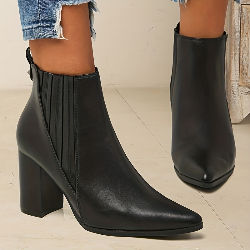 Women's Pointed Toe Ankle Boots | Wide Square Heel Booties with Stretch Back Panel | Size 5.5-10.5, Black or Brown