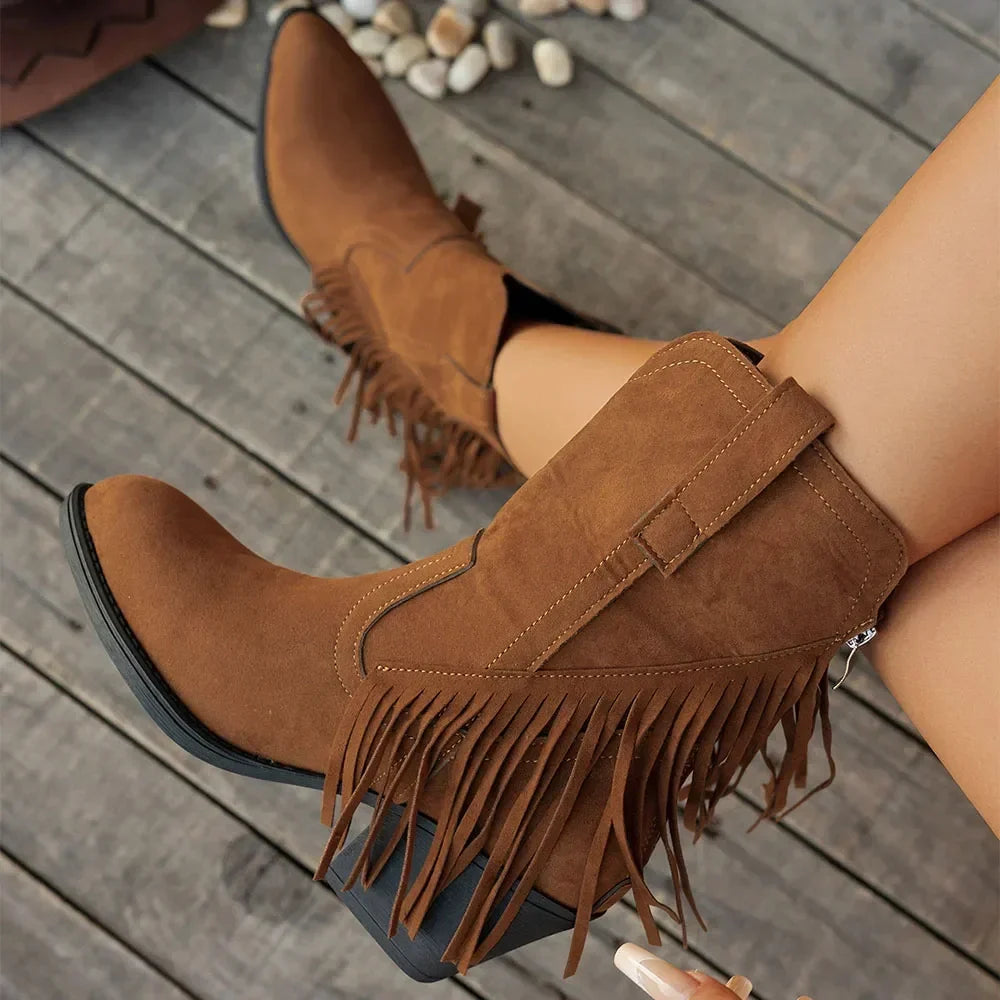 Women's Fringe Cowboy Boots, Knee High Western Style | Wide Calf Shaft with Side Zip | Size 5.5-10.5