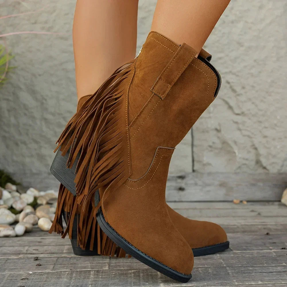 Women's Fringe Cowboy Boots, Knee High Western Style | Wide Calf Shaft with Side Zip | Size 5.5-10.5