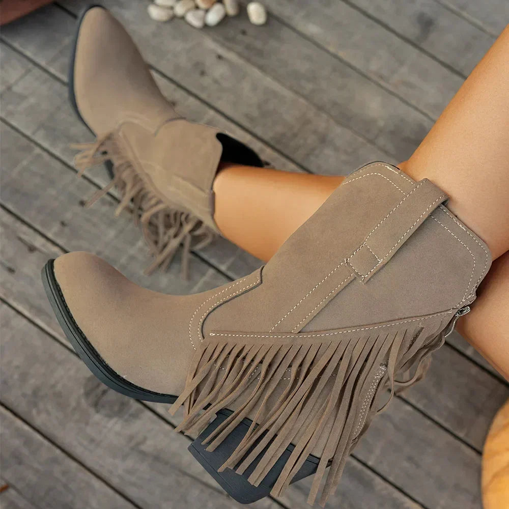 Women's Fringe Cowboy Boots, Knee High Western Style | Wide Calf Shaft with Side Zip | Size 5.5-10.5