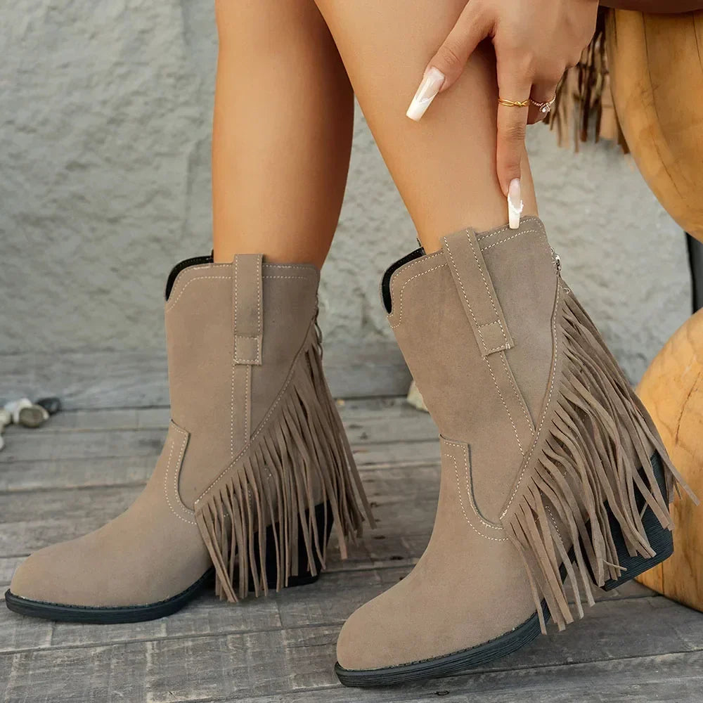 Women's Fringe Cowboy Boots, Knee High Western Style | Wide Calf Shaft with Side Zip | Size 5.5-10.5