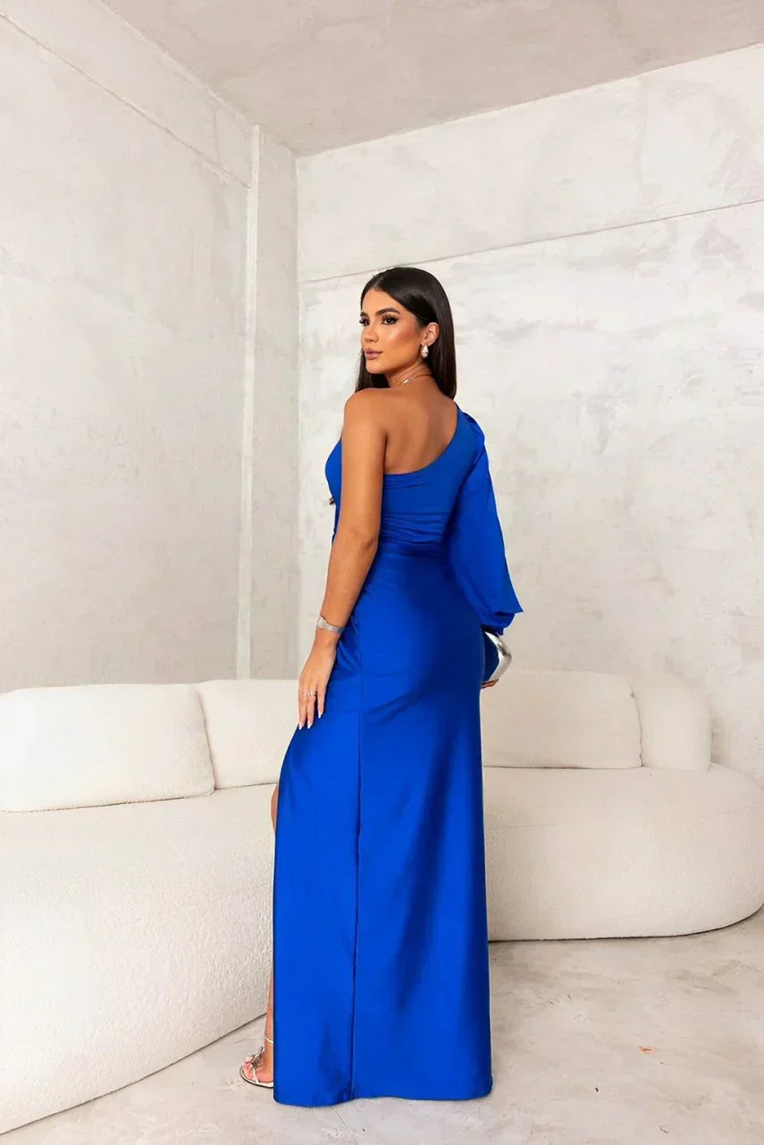 Women's One Shoulder Maxi Dress | Wide Sheer Sleeves and a Relaxed Fit for Autumn Weddings | Size S-2XL, 6 Colors