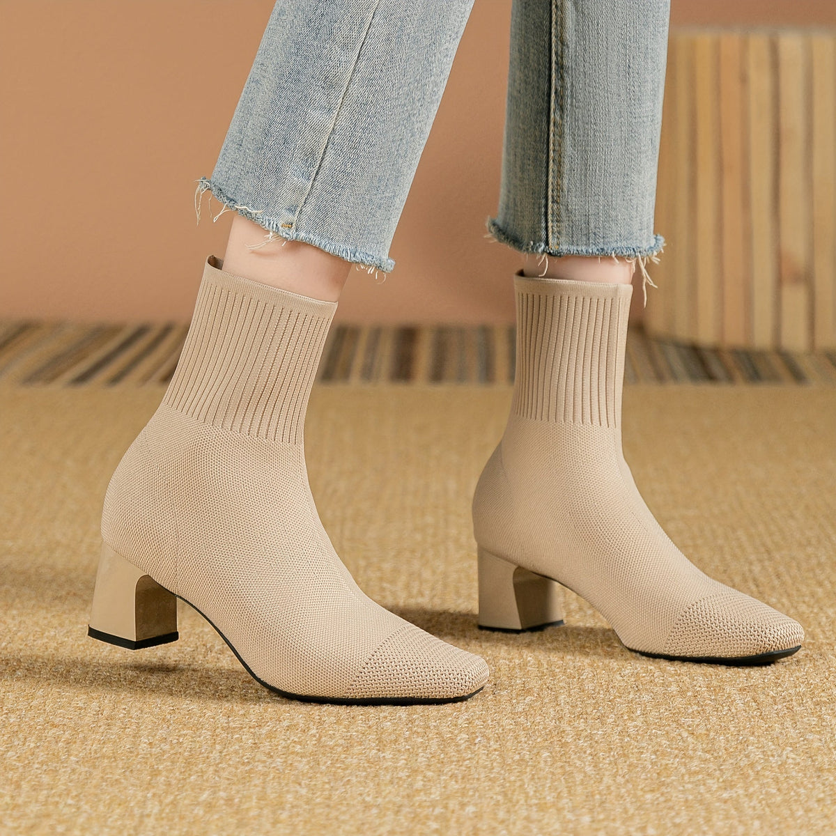 Women's Knit Ankle Boots with Block Heel | Square Toe Stretch Sock Booties | Size 5.5-10.5, 5 Colors