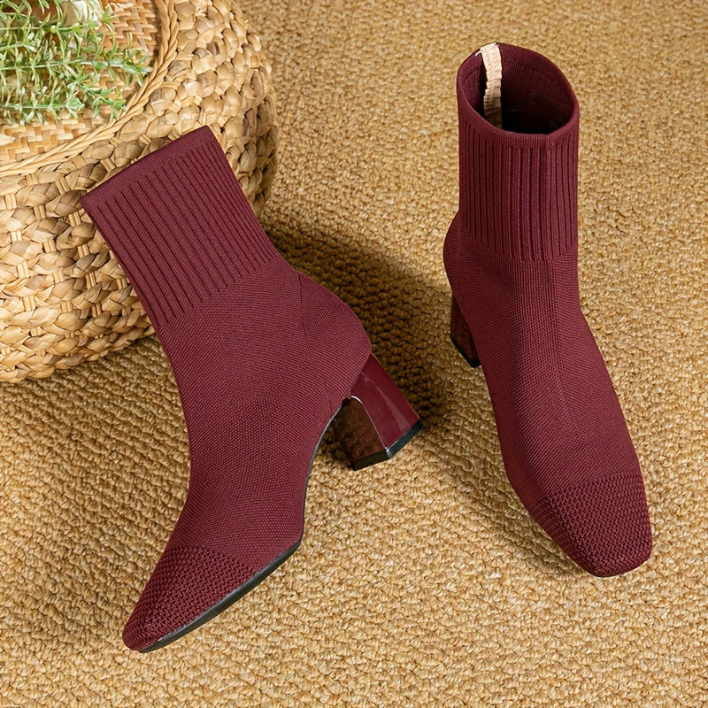Women's Knit Ankle Boots with Block Heel | Square Toe Stretch Sock Booties | Size 5.5-10.5, 5 Colors