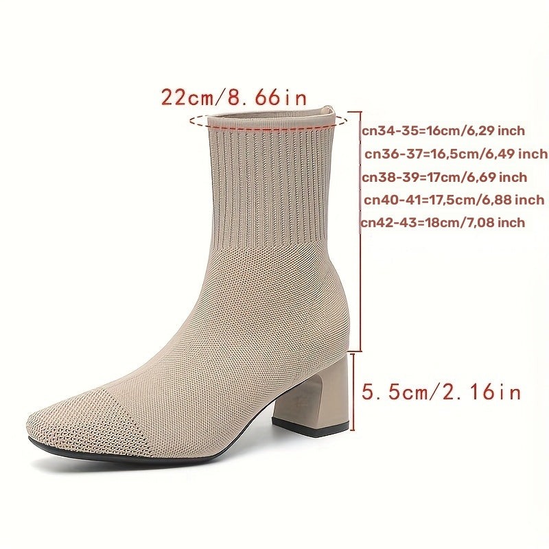 Women's Knit Ankle Boots with Block Heel | Square Toe Stretch Sock Booties | Size 5.5-10.5, 5 Colors