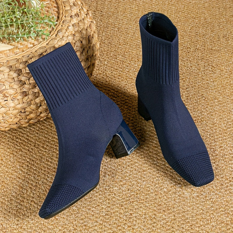 Women's Knit Ankle Boots with Block Heel | Square Toe Stretch Sock Booties | Size 5.5-10.5, 5 Colors
