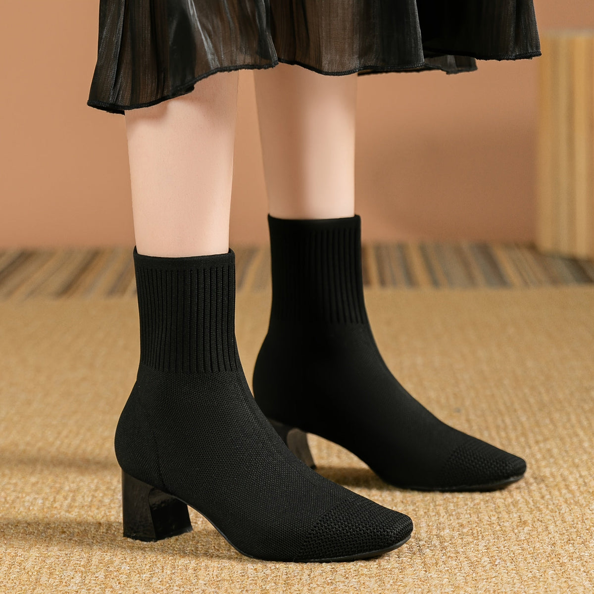 Women's Knit Ankle Boots with Block Heel | Square Toe Stretch Sock Booties | Size 5.5-10.5, 5 Colors