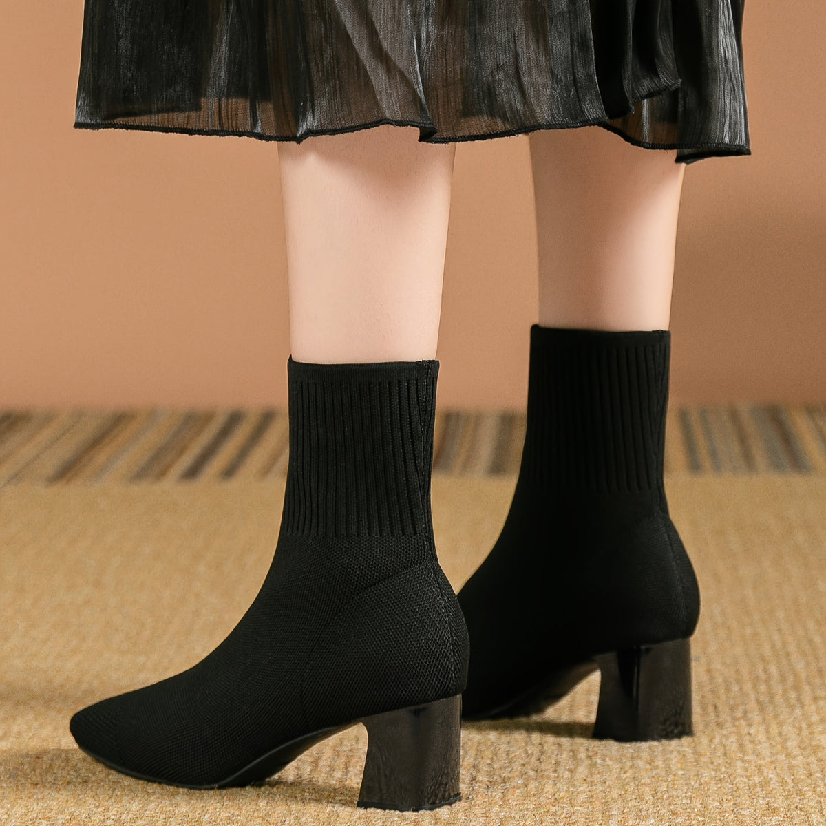 Women's Knit Ankle Boots with Block Heel | Square Toe Stretch Sock Booties | Size 5.5-10.5, 5 Colors