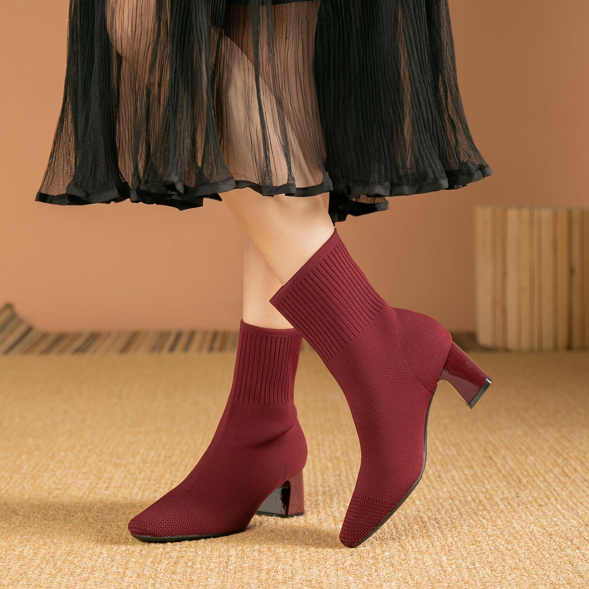 Women's Knit Ankle Boots with Block Heel | Square Toe Stretch Sock Booties | Size 5.5-10.5, 5 Colors