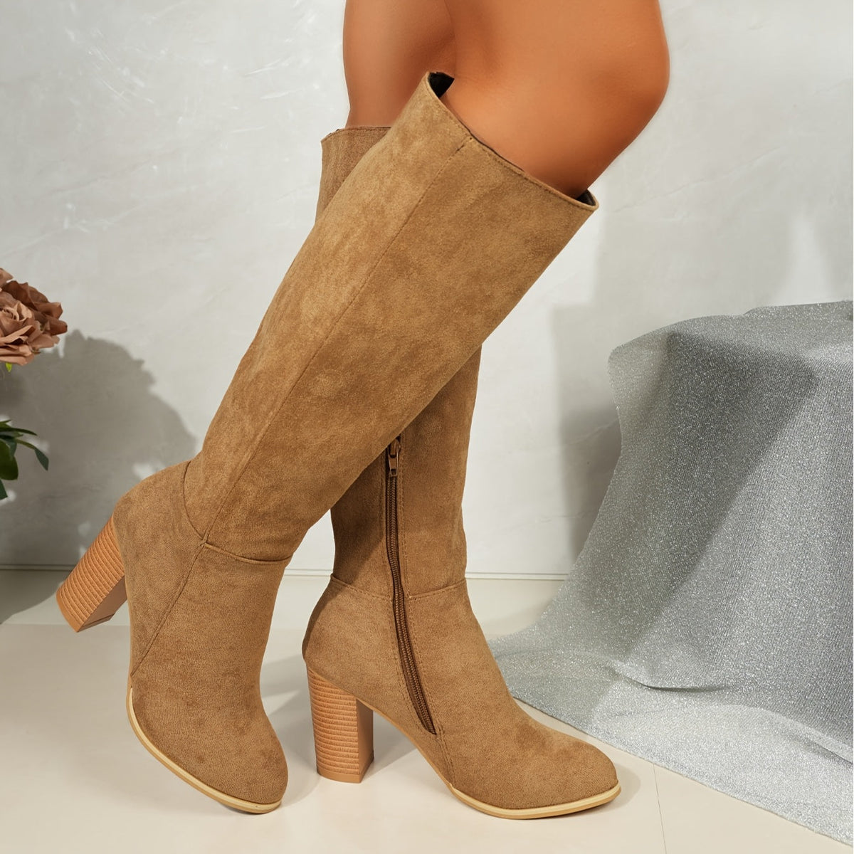 Women's Heeled Boots with Suede and Block Heel | Knit, Zip Closure | Size 5.5-12 | Black, Brown, Light Brown