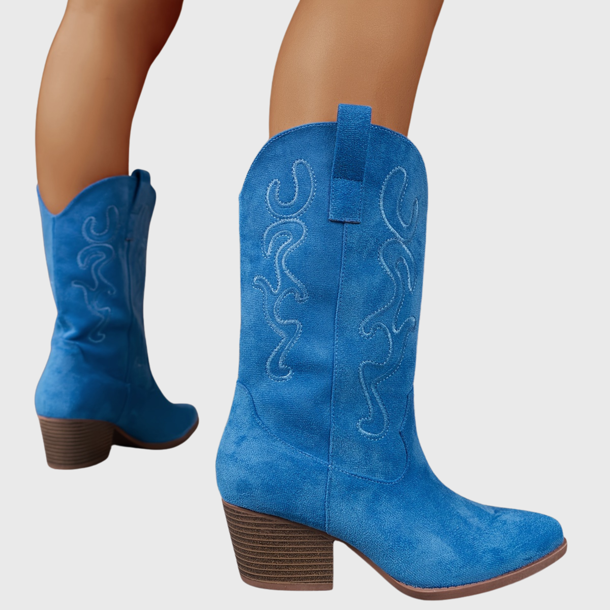 Women's Mid Calf Western Boots, Wide Shaft | Tonal Embroidery and Block Heel, Pull-On Loops | Size 5.5-10.5