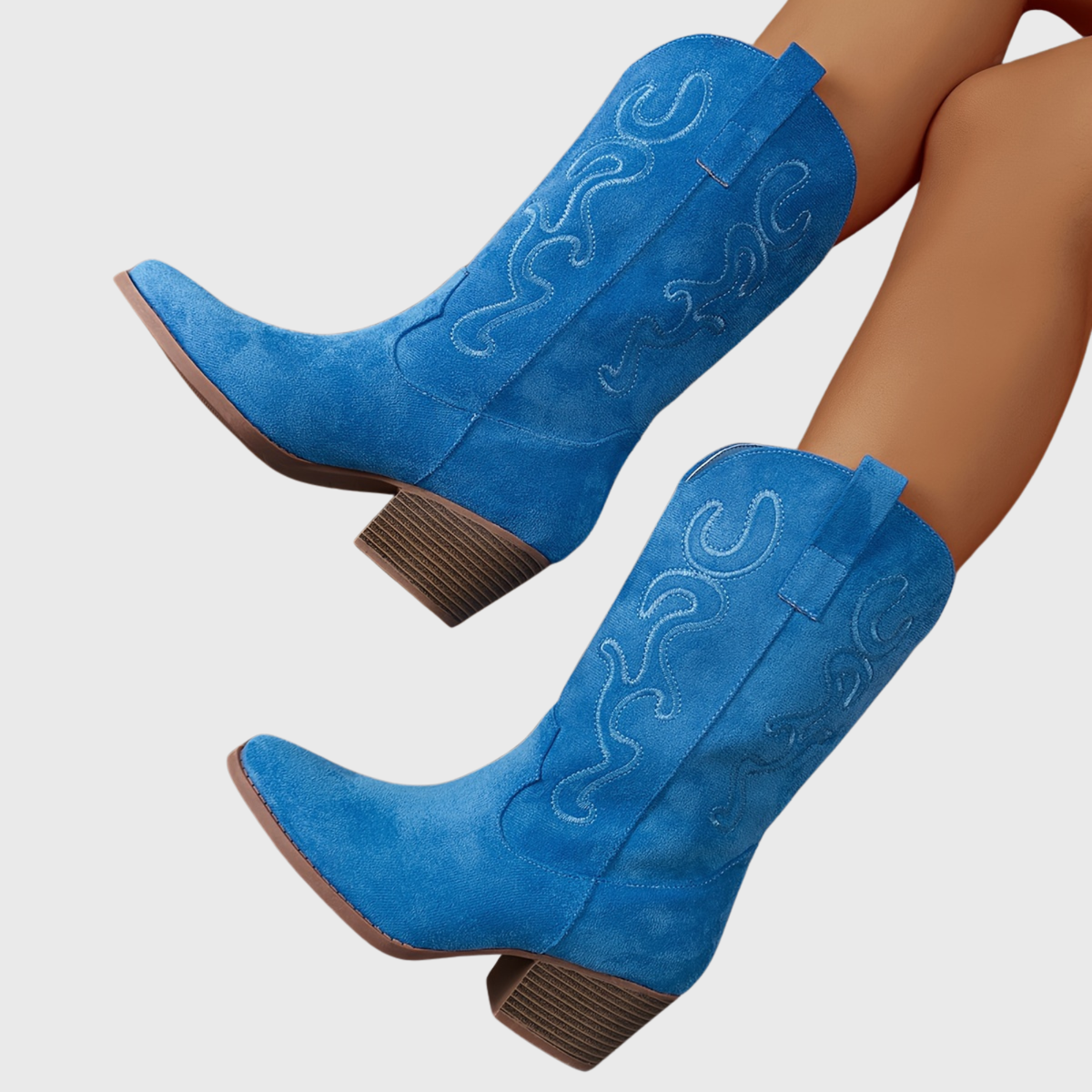 Women's Mid Calf Western Boots, Wide Shaft | Tonal Embroidery and Block Heel, Pull-On Loops | Size 5.5-10.5