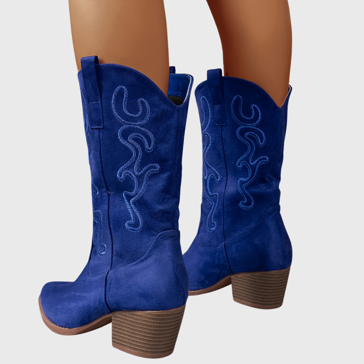Women's Mid Calf Western Boots, Wide Shaft | Tonal Embroidery and Block Heel, Pull-On Loops | Size 5.5-10.5