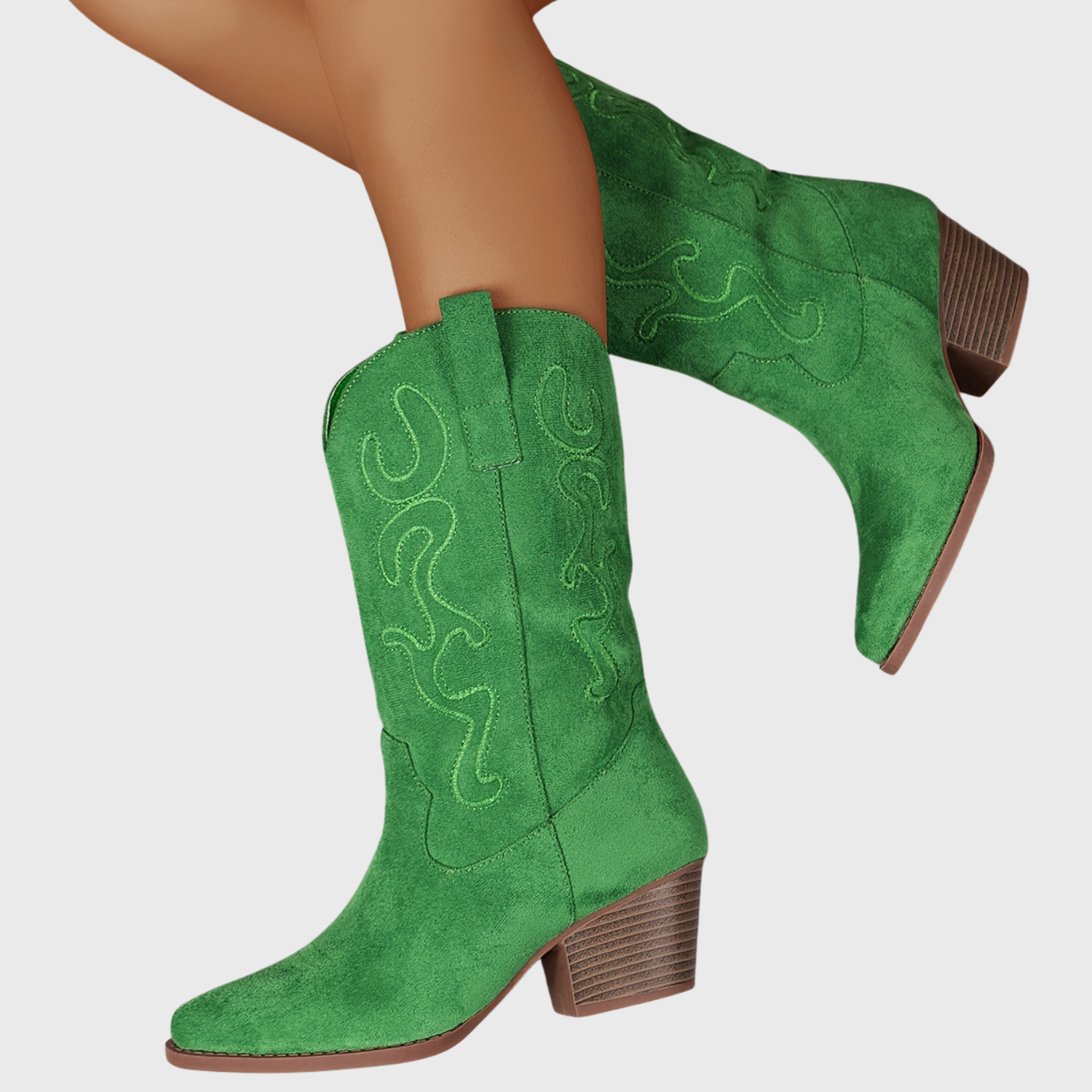 Women's Mid Calf Western Boots, Wide Shaft | Tonal Embroidery and Block Heel, Pull-On Loops | Size 5.5-10.5