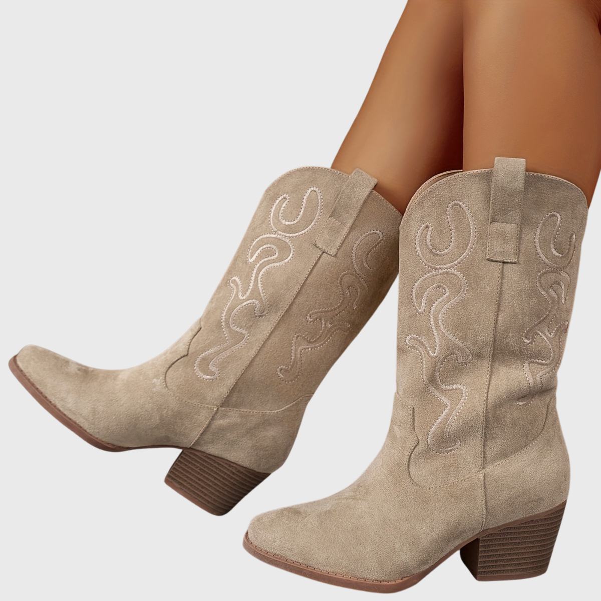 Women's Mid Calf Western Boots, Wide Shaft | Tonal Embroidery and Block Heel, Pull-On Loops | Size 5.5-10.5