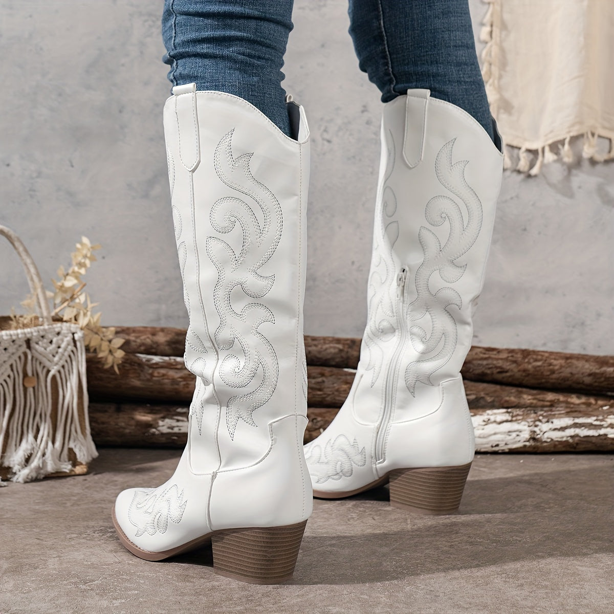 Women's Heeled Boots with Block Heel and Longline Cut | Zip Closure, Embroidery | Size 5-12 | Brown, Black, Red, White