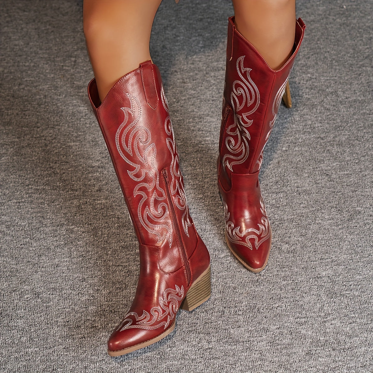 Women's Heeled Boots with Block Heel and Longline Cut | Zip Closure, Embroidery | Size 5-12 | Brown, Black, Red, White