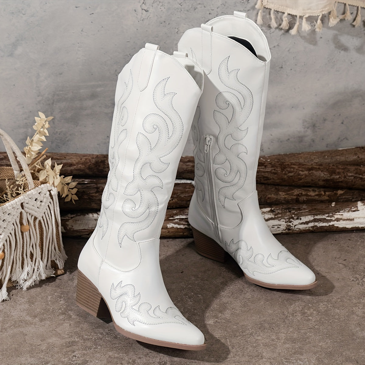 Women's Heeled Boots with Block Heel and Longline Cut | Zip Closure, Embroidery | Size 5-12 | Brown, Black, Red, White