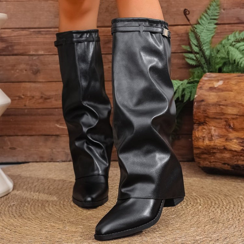 Women's Pointed Toe Knee High Boots | Soft Slouchy Shaft, Low Wide Heel and Metal Trim | Size 5.5-10.5, Beige or Black