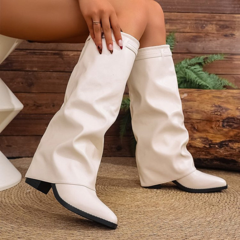 Women's Pointed Toe Knee High Boots | Soft Slouchy Shaft, Low Wide Heel and Metal Trim | Size 5.5-10.5, Beige or Black